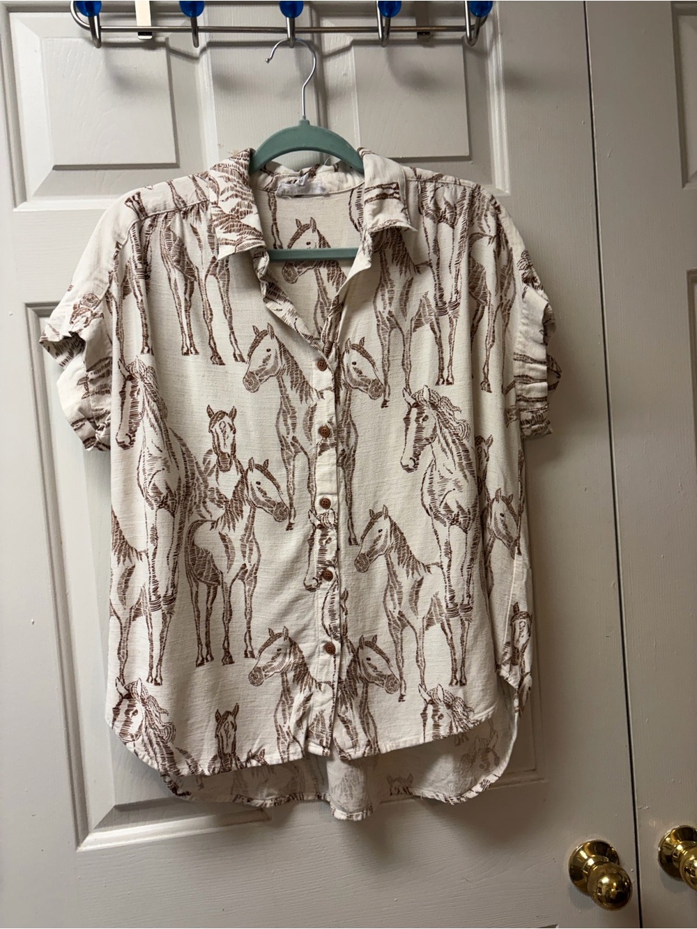Jane and Delancey Cream Blouse with Brown Horse Print